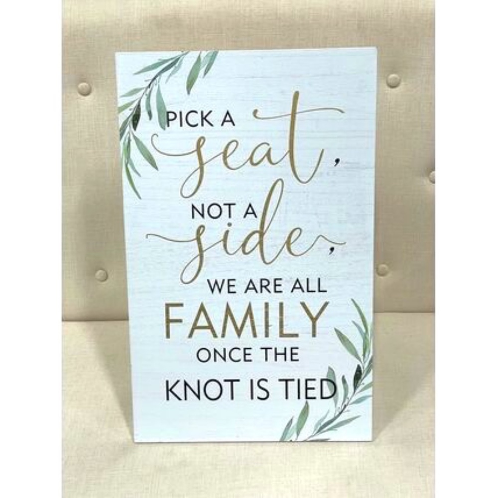 "Pick A Seat, Not A Side" White w/ Gold & Black Wooden Easel Wedding Sign
